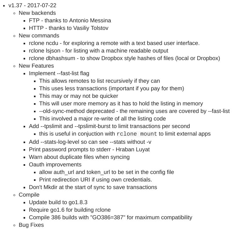 njcw's tweet photo. Rclone 1.37 released!
Highlights
- FTP &amp; HTTP backends
- Mount on Windows
- Team Drive
- Dropbox v2
Changelog https://t.co/uwgfpUAnUt https://t.co/ttZL4bIYmP