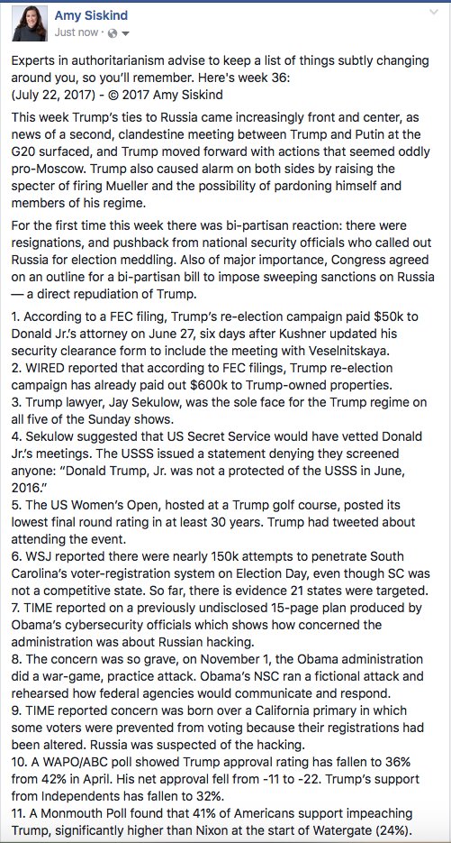 Amy_Siskind's tweet photo. Experts in authoritarianism advise to keep a list of things subtly changing around you so you'll...
Week 36 (1/2): https://t.co/BQBRbi9bik https://t.co/bQDSEzJImK
