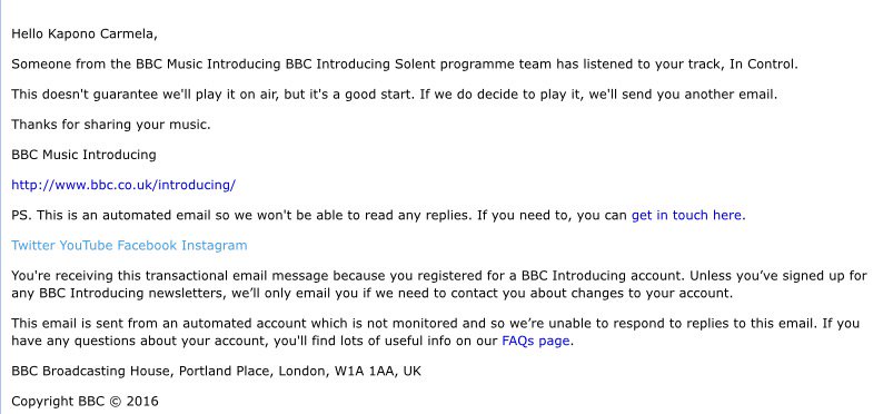 Thank you <a href="/bbcintroducing/">BBC Music Introducing</a> for taking the time to listen to my music. 💯🔥📡
