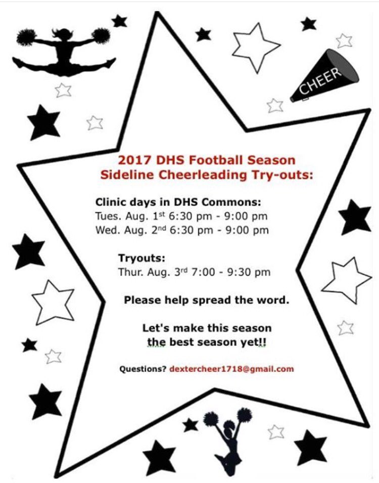 Do you love Football Games? Cheering for your team?  Are you a student at Dexter High School? If so, come to Cheerleading Tryouts!