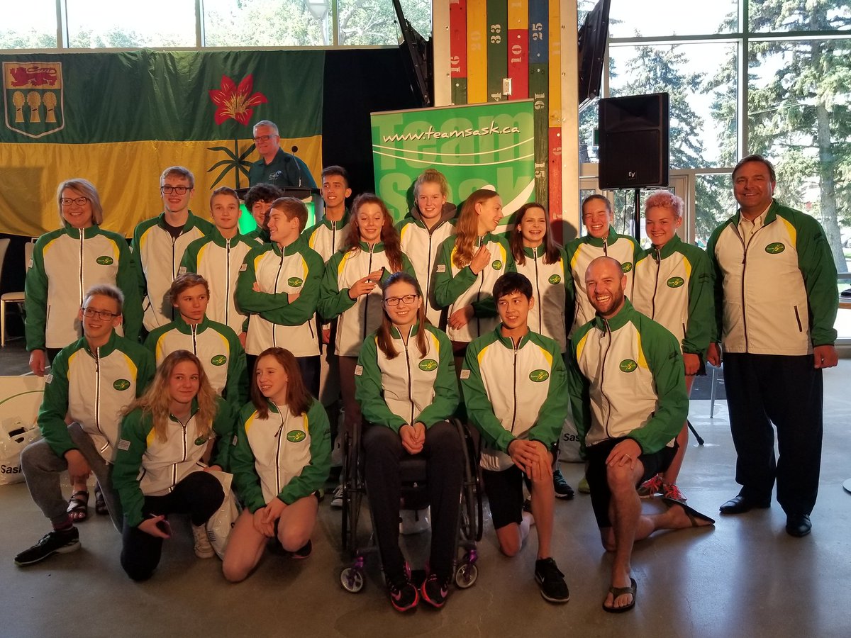 SwimSask's tweet photo. Members of 2017 Canada Games Team Sask Swim Team  modelling parts of the official uniform at the Media Conference today  #Saskproud https://t.co/nrrtYjYwnK