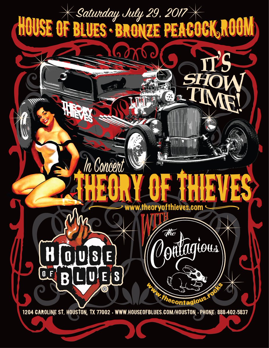 revman67's tweet photo. Sat. July 29th @HOBHouston (Bronze Peacock Room)
Get your tickets now for only $10!
@TheoryofThieve1 &amp; The Contagious https://t.co/7dnMPzh9rT