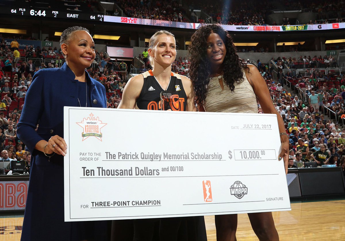 WNBA's tweet photo. #W3Point champ @AllieQuigley's prize: A $10,000 check for The Patrick Quigley Memorial Scholarship courtesy of the #WNBA&amp; @TheWNBPA! https://t.co/JjCZTqZcQL