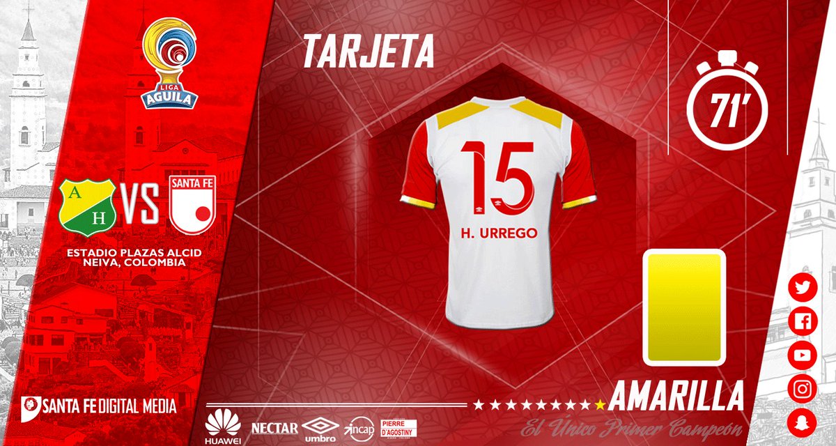 SantaFe's tweet photo. Amonestado Héctor Urrego en el León
#HUIvsSFE |0:1| ⏱71' https://t.co/LAh1wq5XrK
