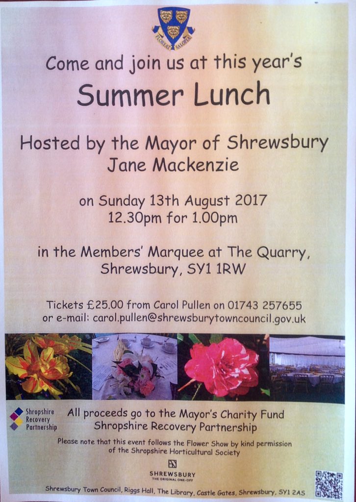 Jane4Column's tweet photo. @ShrewsFlowerShw @JohnTorode1 @WhatsOnShrops @TanzaniteUK @BeingBoycie @chrisburtchef I hope lots of residents join me for the FAB Mayor's Summer Lunch at Flower Show too! https://t.co/ItdWfDprnr