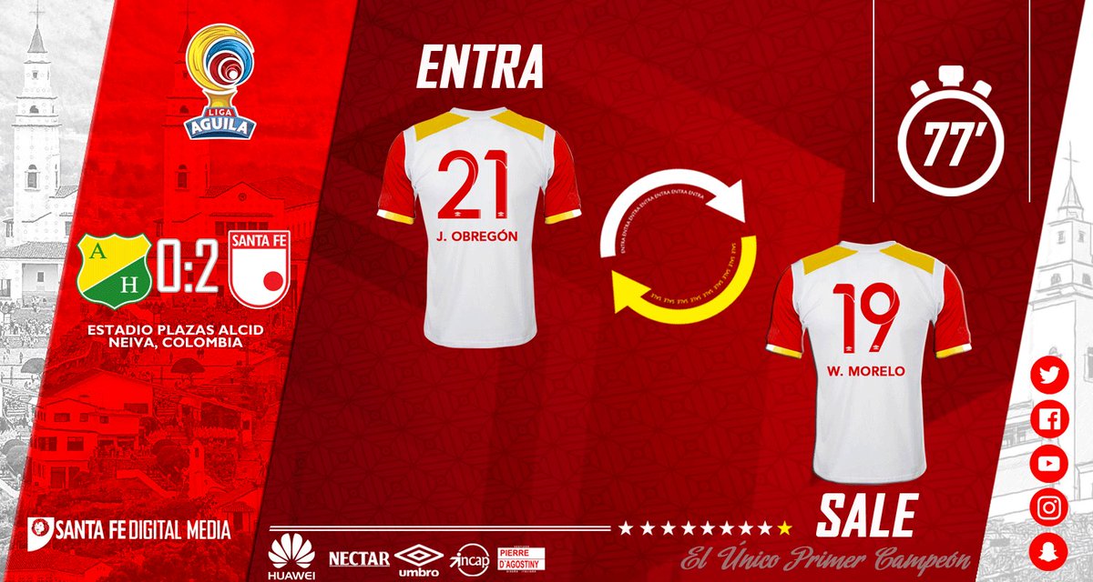 SantaFe's tweet photo. 🔁Último cambio en el León 🇲🇨🦁, sale el goleador @wilday26 e ingresa el juvenil Jorge Obregón
#HUIvsSFE |0:2| ⏱77' https://t.co/iePAX51Yvu