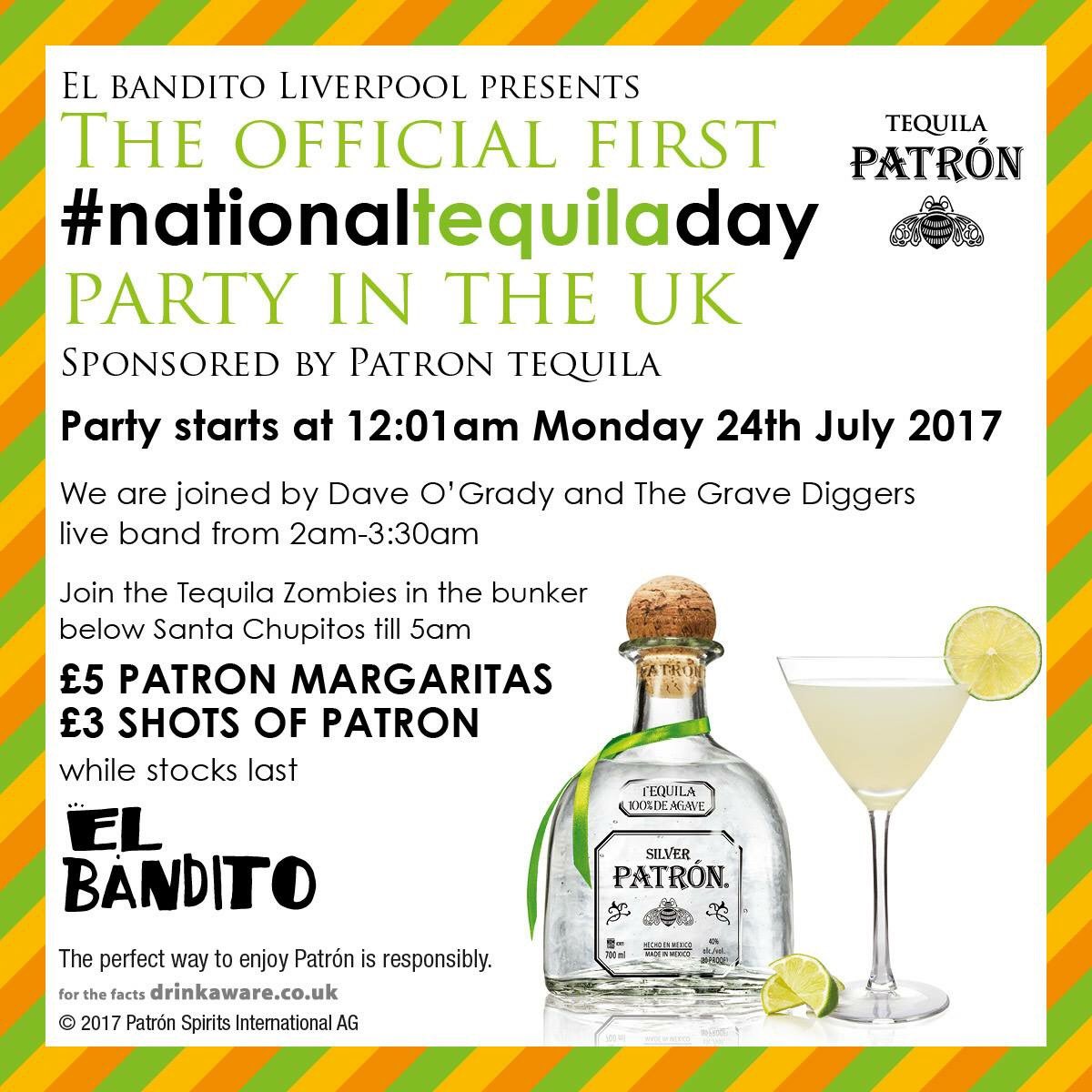 WeareGSG's tweet photo. This Sun night at midnight @banditotequila see in #NationalTequilaDay with a live zombie band &amp; tequila from @Patron see you at 12:01 https://t.co/HaFBVyON22