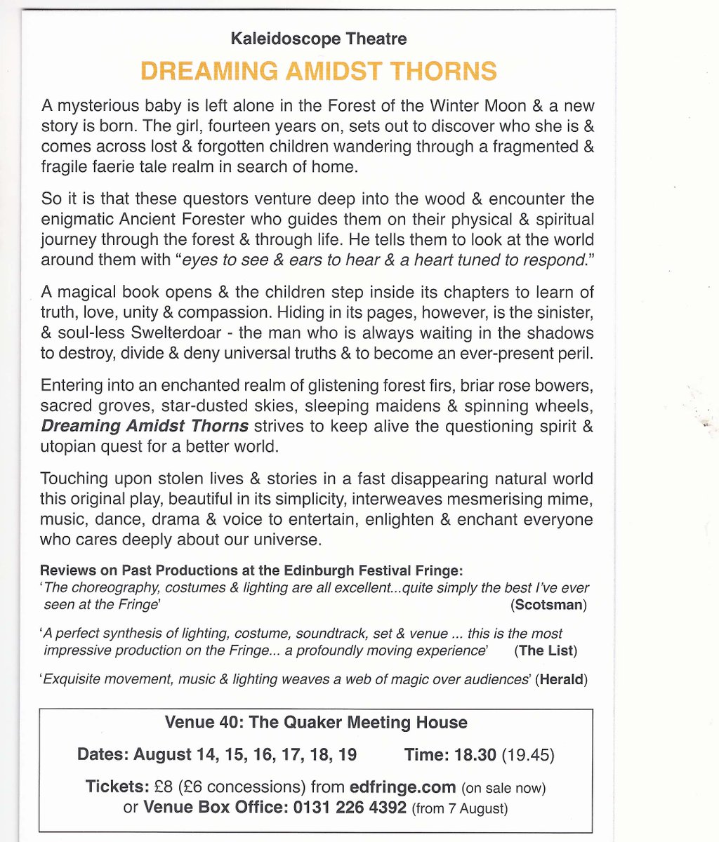 <a href="/edfringe/">Edinburgh Festival Fringe</a> <a href="/Kaleid_troupe/">Kaleidoscope Theatre</a> <a href="/SavingDowns1/">Saving Down Syndrome</a> Touching upon stolen lives and stories in a fast disappearing natural world Dreaming Amidst Thorns <a href="/edfests/">Edinburgh Festivals</a> 14-19Aug venue40.org.uk