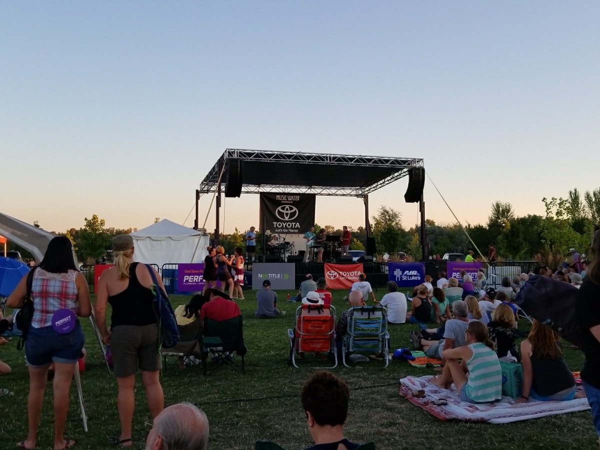 UpInTheAir95's tweet photo. @GooutlocalIdaho #KevinKirkandOnomatopoeia farewell concert at #MusicOnTheWater at beautiful #EstherSimplotPark to benefit @WCA_Boise https://t.co/dnoJaPHSAh