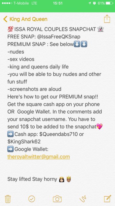 🥁Issa Royal Announcement🥁 Our Premium Snap is $10 for lifetime! Be sure to Screen Shot the approval just<a href="/tag/issaroyalcouple"class="tags"><span>#issaroyalcouple</span></a>