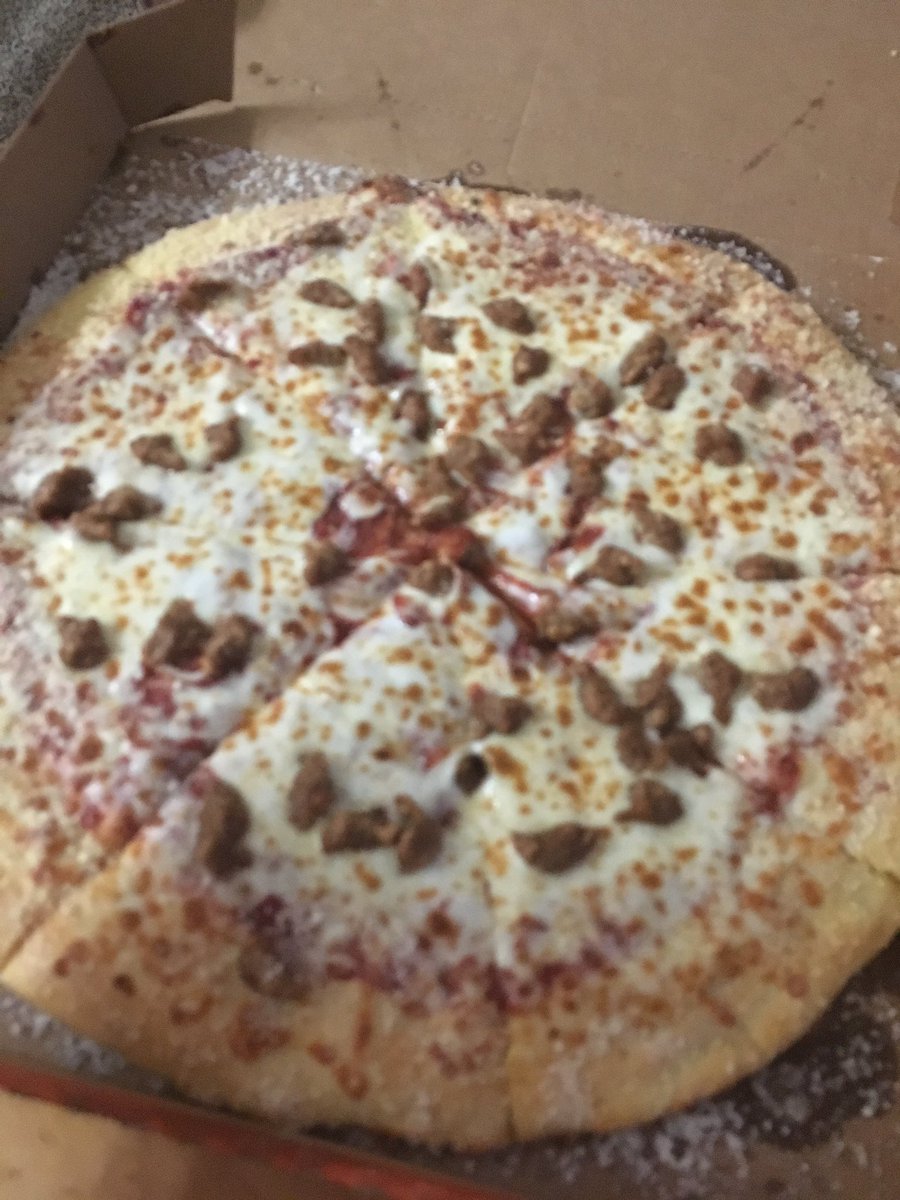 cloudedson's tweet photo. What is this? This looks like a cheese pizza with an accidental sprinkle of sausage   @littlecaesars https://t.co/bSDXSA3JSk