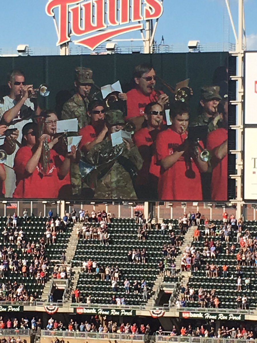 RedBullBand34's tweet photo. Members of the 34th Red Bull Band and the Bemidji State Trumpet and Brass @Twins @BemidjiState #nationalanthem #greatdayforbaseball https://t.co/i3fGbwSTgK