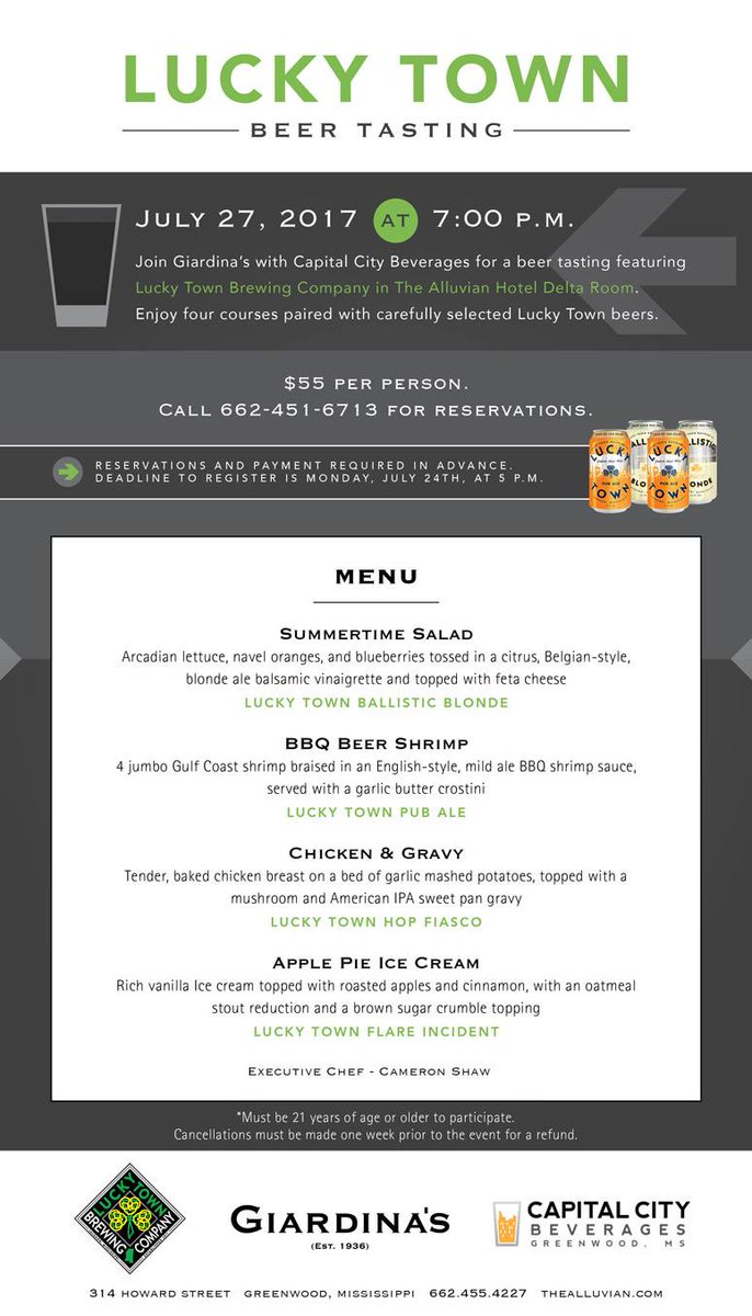 thealluvian's tweet photo. Sign up for our July 27 #Beer tasting with @LuckyTownBrew today! Deadline to reserve a seat is Monday! Must purchase tickets in advance! https://t.co/O6vJrBaNzL