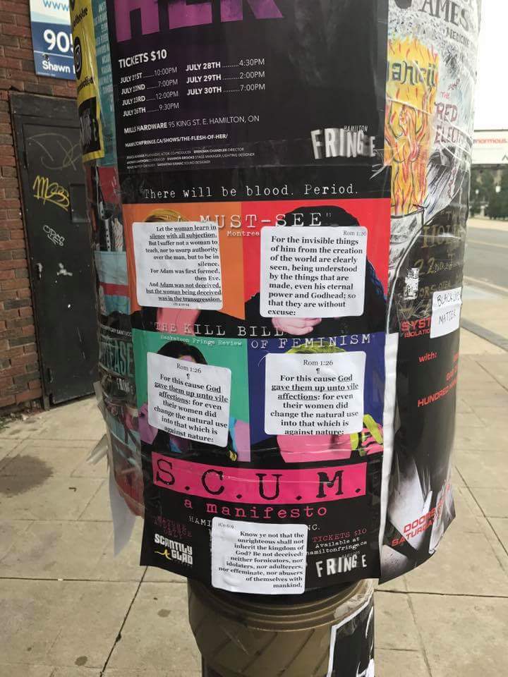 This is getting RIDICULOUS. Pls help us find who is DEFACING Fringe artist property w/ homophobic bible verses! who can help? <a href="/deirdrepike/">Deirdre Pike</a> ?