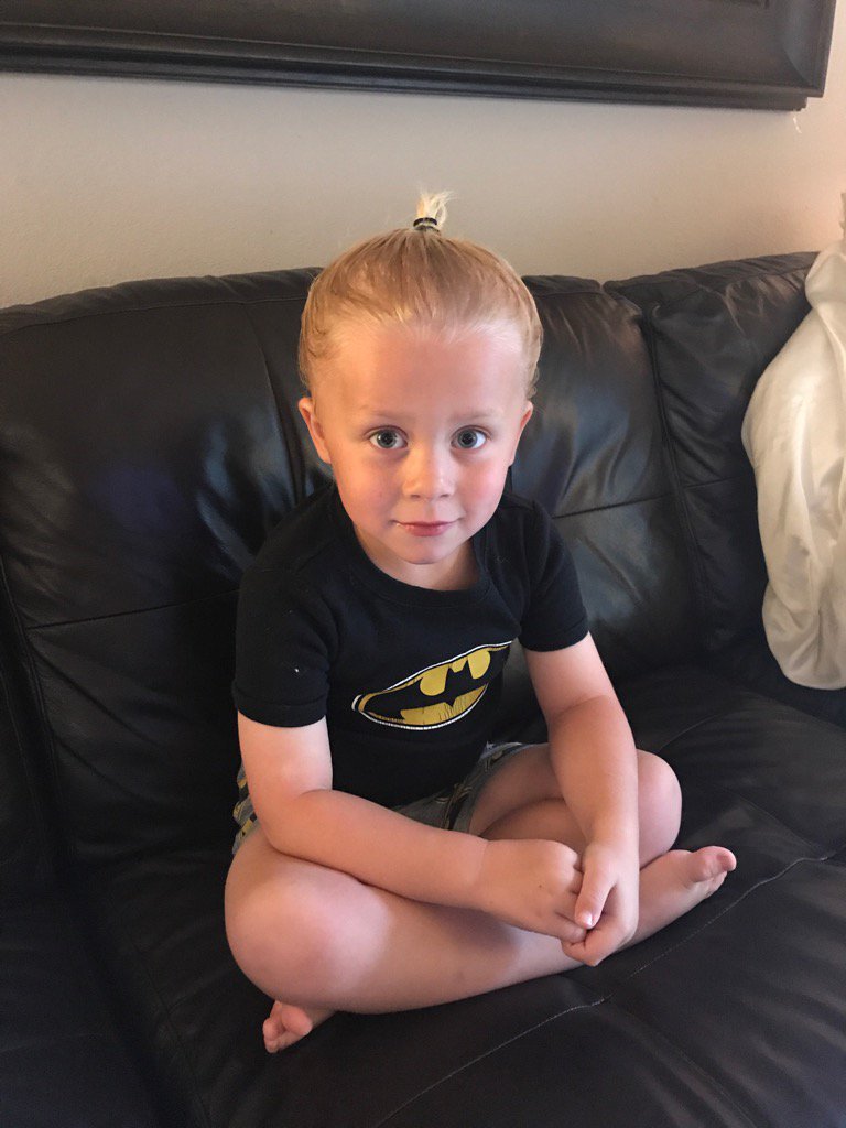 alxanders's tweet photo. I know I post a lot of pics of my kids, but come on... my 4yr old Aiden rockin' the boy-bun! How cute is he?! #boybun https://t.co/6Ujt5ij6cC