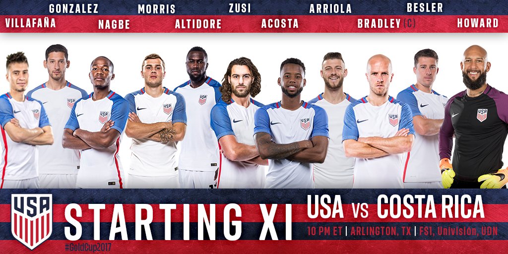 USMNT's tweet photo. The finish line is within reach. Meet the #USA starting XI for our #GoldCup2017 Semifinal vs. #CRC!

Lineup notes: https://t.co/HHWBP07KV1 https://t.co/QA3uaibJyG