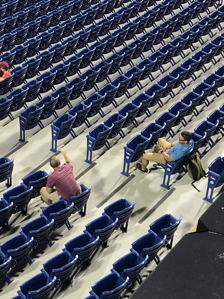 CrossingBroad's tweet photo. The guy in blue brought his glove and didn’t get the ball that landed two rows in front of him. #DKbucketlist? https://t.co/fxinL4yhTC