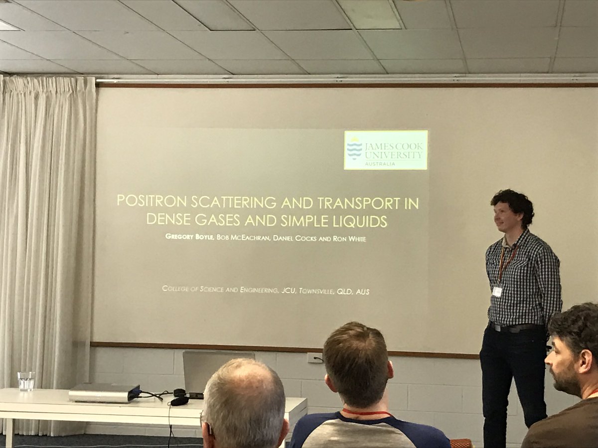phrdw's tweet photo. @POSMOL2017 JCU's Greg Boyle talking about positrons in liquids and dense gases @jcu https://t.co/P2F9BFztMk