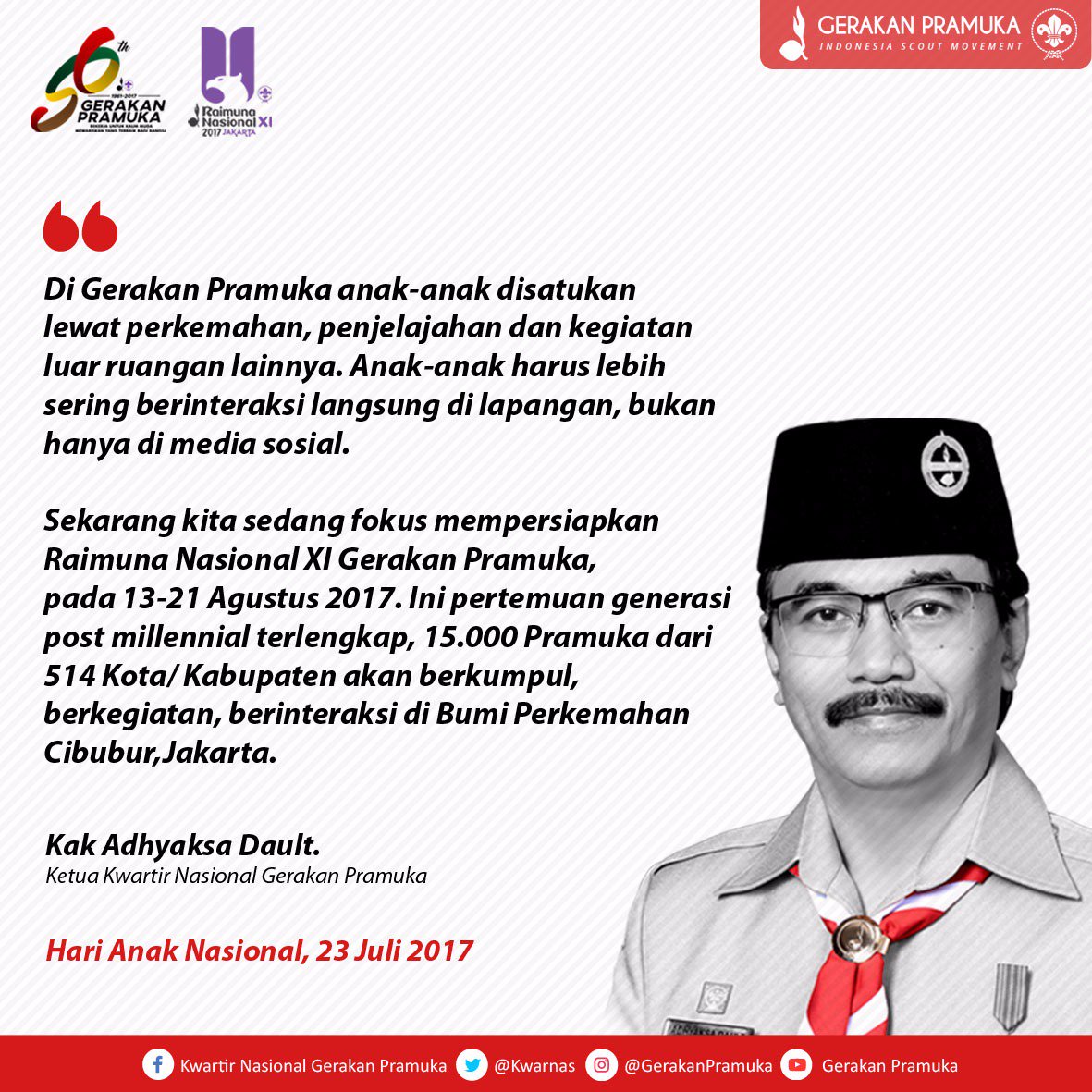wartakwarnas's tweet photo. Selamat #harianaknasional . Di tangan anak2 skrng bangsa ini kelak akan dipertaruhkan. Pramuka pencetak generasi millennial tangguh https://t.co/cXPOTMtG1l
