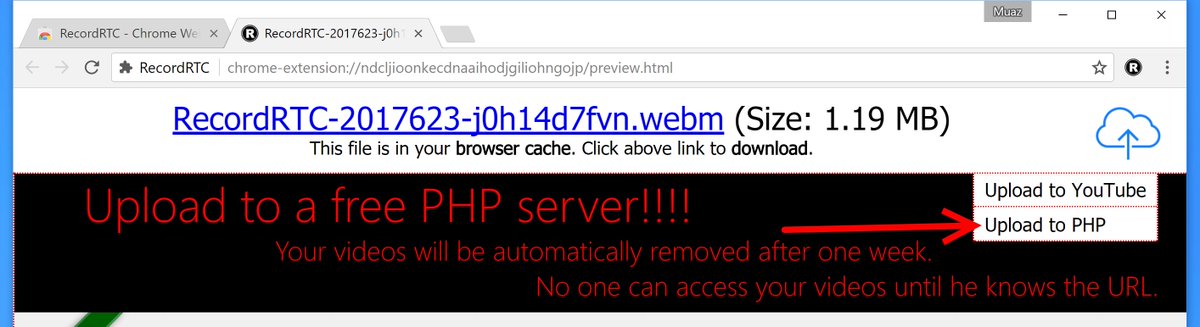 RecordRTC's tweet photo. RecordRTC Chrome extension now supports "free unlimited uploads to a PHP server" https://t.co/FlUwrgAyOz Videos are kept freely for 1 week. https://t.co/ghZkX2qr2N