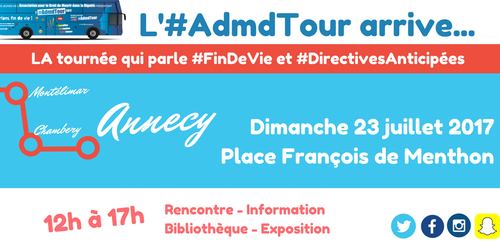 jeunesadmd's tweet photo. Retrouvez le bus de l'#AdmdTour pour parler #FinDeVie et #TasTaDA aujourd'hui à #Annecy. Venez nous rencontrer jusqu'a 17h : ) #ADMD https://t.co/aE8cZiZftO