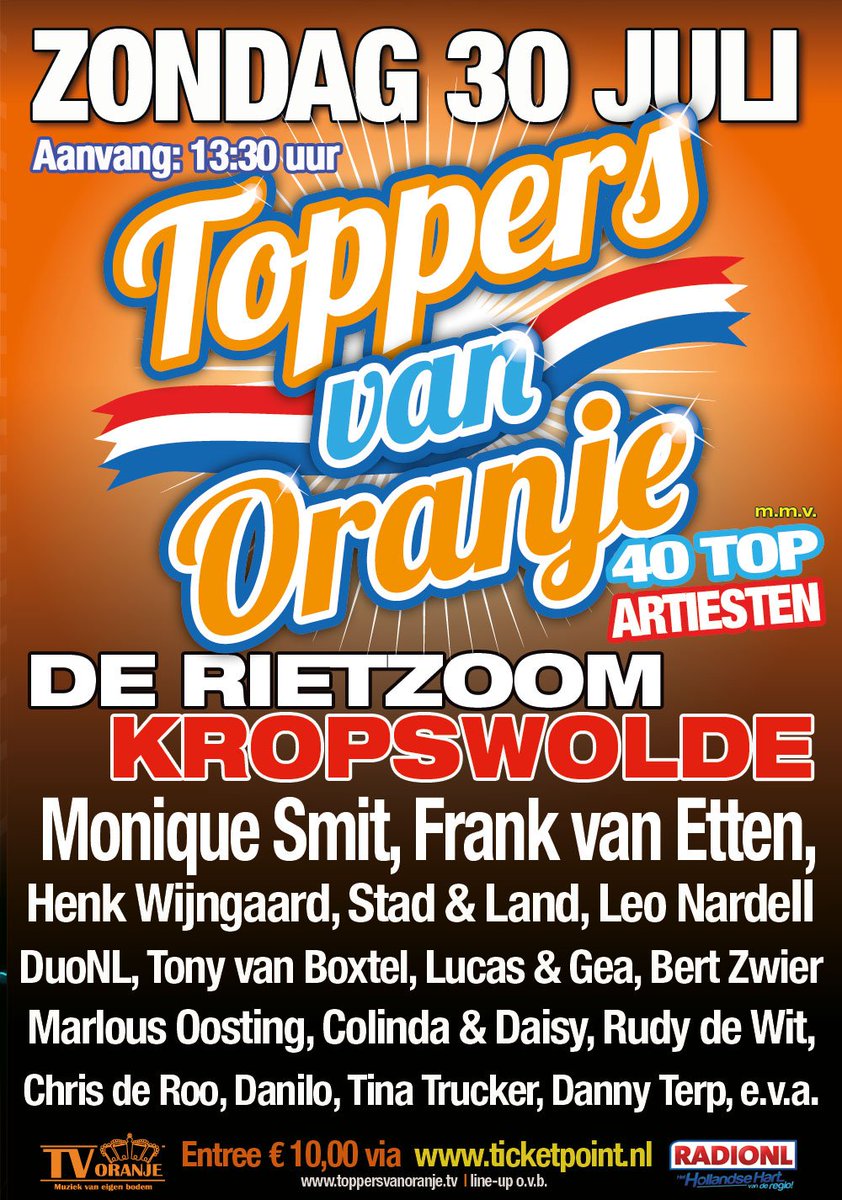 Zo. 30 juli <a href="/rietzoom/">rudie berg</a> in Kropswolde (Gr), Nederlandstalig meezing feest met 40 artiesten <a href="/ToppersvOranje/">Toppers van Oranje</a> toppersvanoranje.tv
