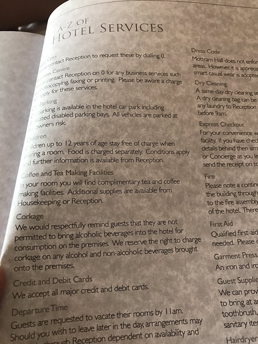 Alchemy2016's tweet image. Weird to see the title 'corkage' appearing in your list of hotel services @MottramHall - how very helpful!?