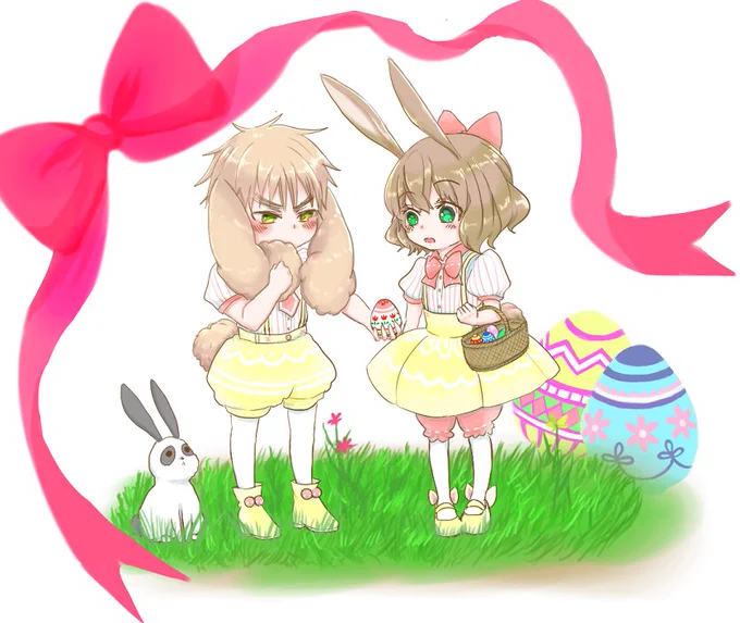 #リクエストボックス "イースターな英ベル"
今回ちびちゃんで描いてしまいました!リクありがとうございます☺
ちびちゃんの頃はタメ口だったらいいな～🎶 