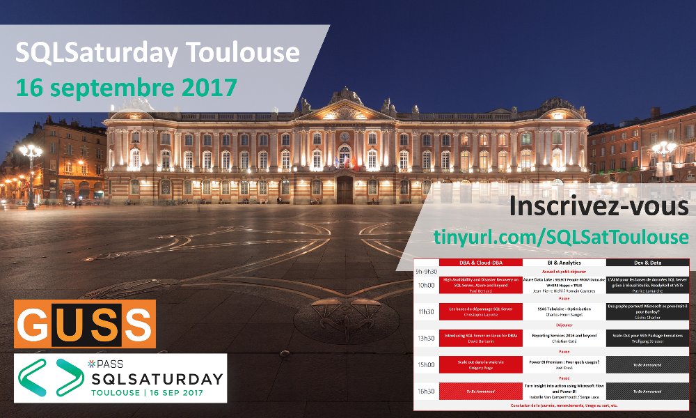 GUSS_FRANCE's tweet photo. #SQLSatToulouse > l'agenda est disponible alors inscrivez-vous
De SQL, de la BI, du Dev et de la Data (Big ou pas)
https://t.co/RpCDvwj7q7 https://t.co/JojFGHLB3c