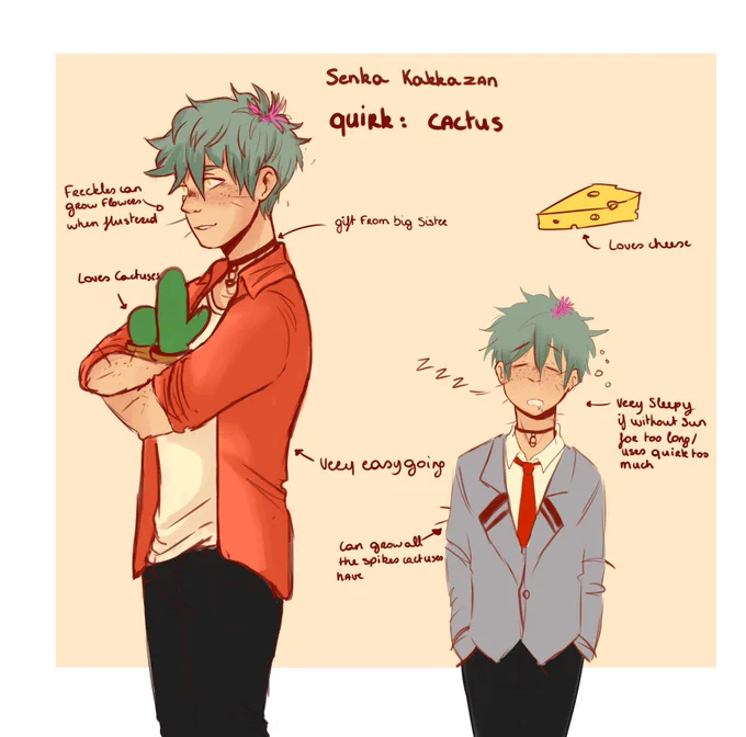 redid my bnha oc design and quirk, hes still a flower boyyy/ only a little more pricly to the touch 