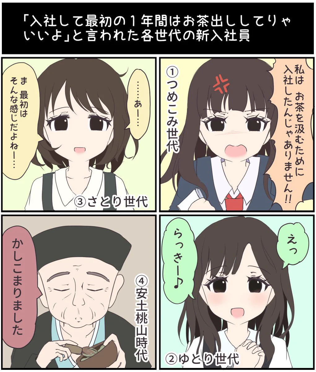 全然違う？「入社して最初の１年間はお茶出ししてりゃいいよ」と言われた時の各世代の反応ｗｗｗ