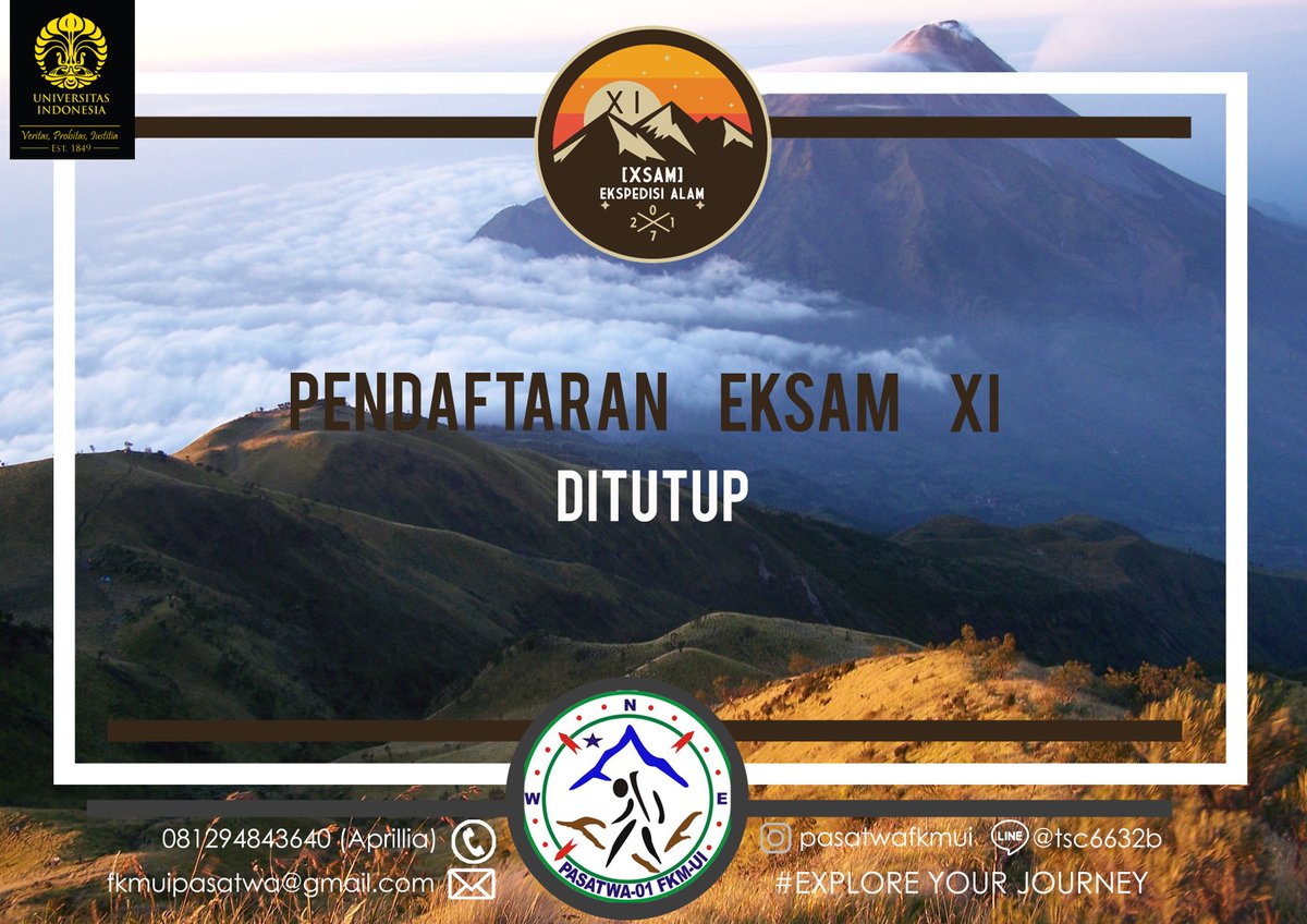 PasatwaFKMUI's tweet photo. Terima kasih kepada yang sudah mendaftar! Sampai jumpa di latihan rutin menuju Lawu! 

Pasatwa FKM UI 2017
#Explore Your Journey! https://t.co/MyjhYSpmoR