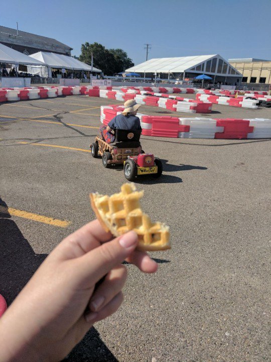 RobotsInHeels's tweet photo. Blue is racing AND making us Sunday morning waffles in the Waffle Kart. #PowerRacing #MakerFaireDetroit https://t.co/ov1Mx5XeLt