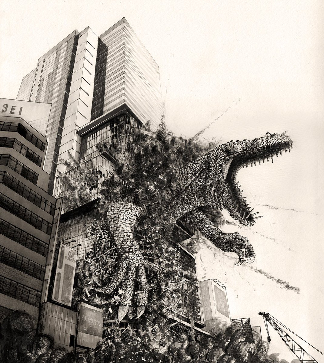 Hiromu 渋谷ヒカリエに突っ込んだ 巨大生物の図 ペン画 イラスト Hiromu 渋谷ヒカリエに突っ込んだ 巨大生物の図 ペン画 イラスト
