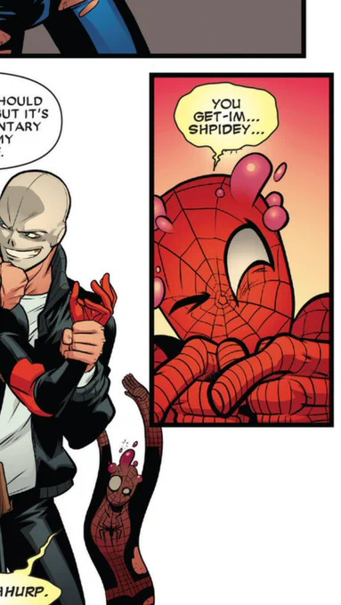 邦訳スパデプ誌では普通にスパイディって訳されてるんだけど、原書ではシュパイディって言ったりシュリーピィー(sleepy)って言ったり幼女語連発してるデップーが見れるので、余裕がある方は是非原書の方と照らし合わせて読んでいただきたい…!邦訳ではカットされてるオイシイ部分沢山あるの! 