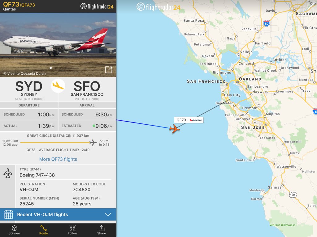 flightradar24's tweet photo. After nearly 13 hours, VH-OJM has crossed the Pacific for the last time. Landing soon at @flySFO. #sadavgeek
https://t.co/rgQlELuaRI https://t.co/zlNHdxpVx4