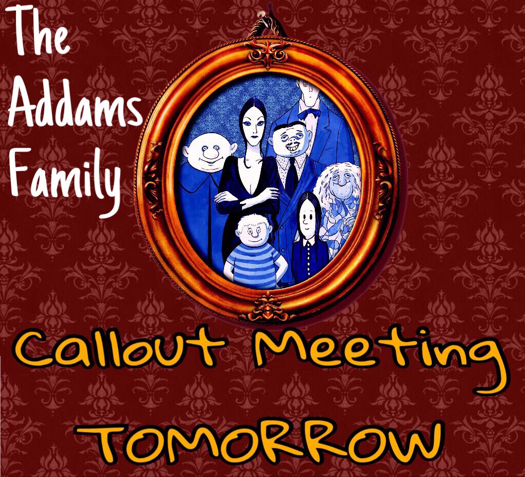 Callout &amp; Informational meeting for The Addams Family TOMORROW after school from 3-4 in F109 🎭 Auditions Tuesday &amp; Wednesday after school 😃🦇