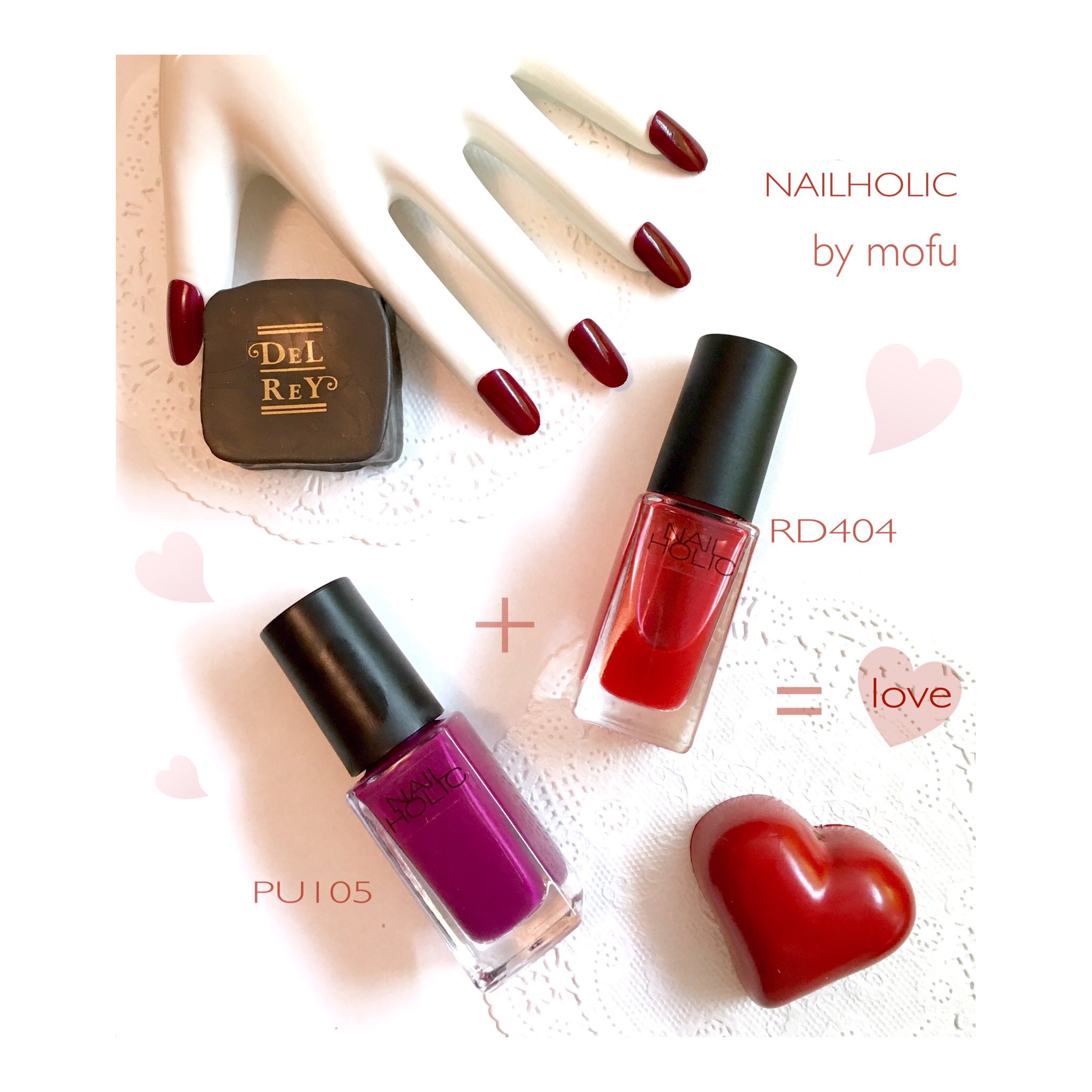 もふnail 赤を塗りたかったんだけど まさかのネイルホリックの赤系 クリア系しか持ってなくて 笑 2色をあわせて ボルドーに 品番は Pu105 と Rd404 チョコレート持たせたら バレンタイン感すごい ミ ミ Love Nailholic ネイル