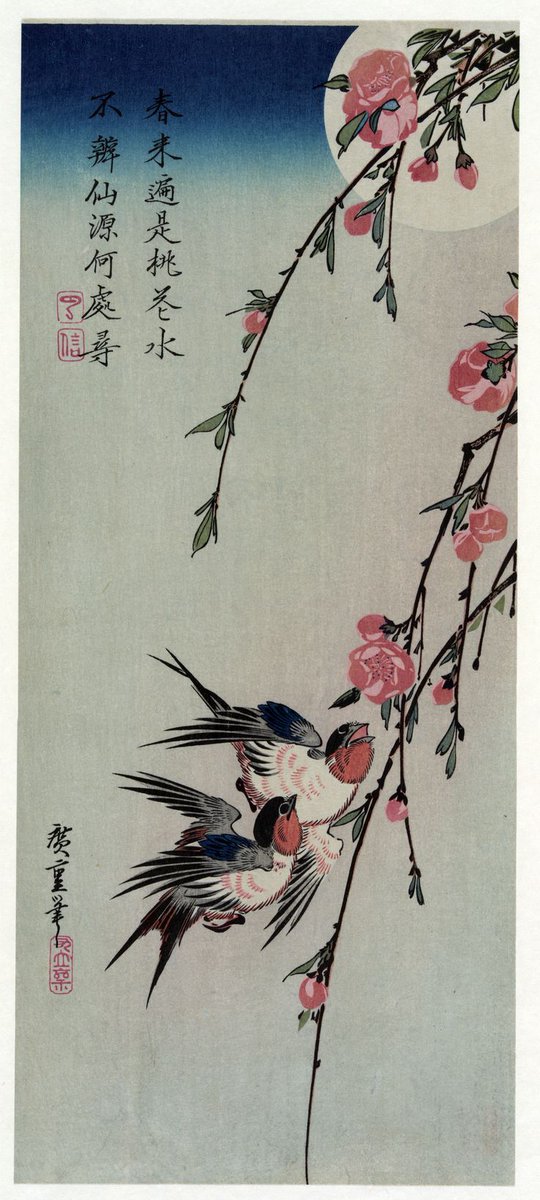 Overt_Art's tweet photo. Moon, Swallows and Peach Blossoms - Hiroshige https://t.co/y3zDv0CCND