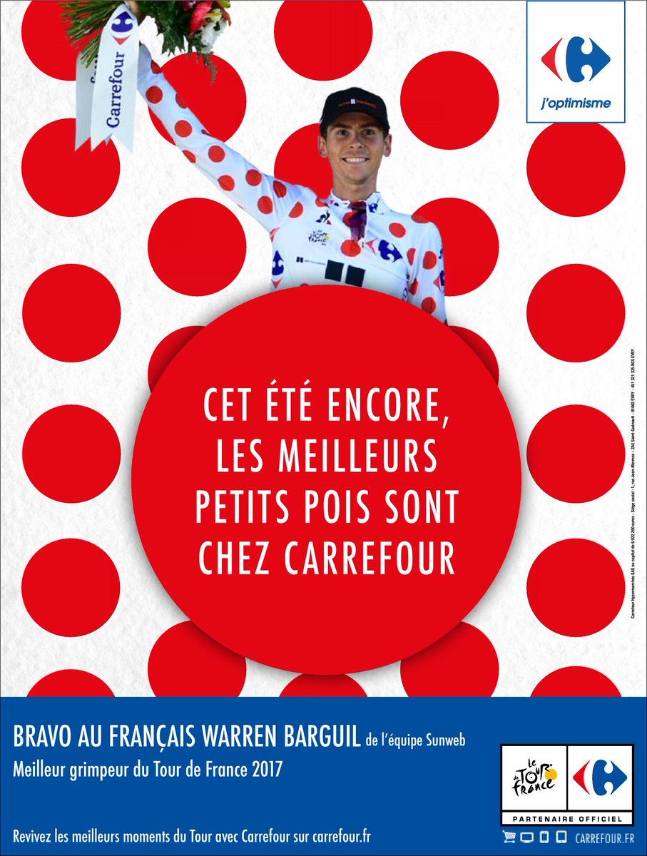 CarrefourFrance's tweet photo. Bravo et merci @WarrenBarguil, meilleur grimpeur du Tour de France 2017 😍 Tu nous a fait vibrer !!! #MaillotaPoisCarrefour 🔴⚪️ https://t.co/YMdxjdwVpX