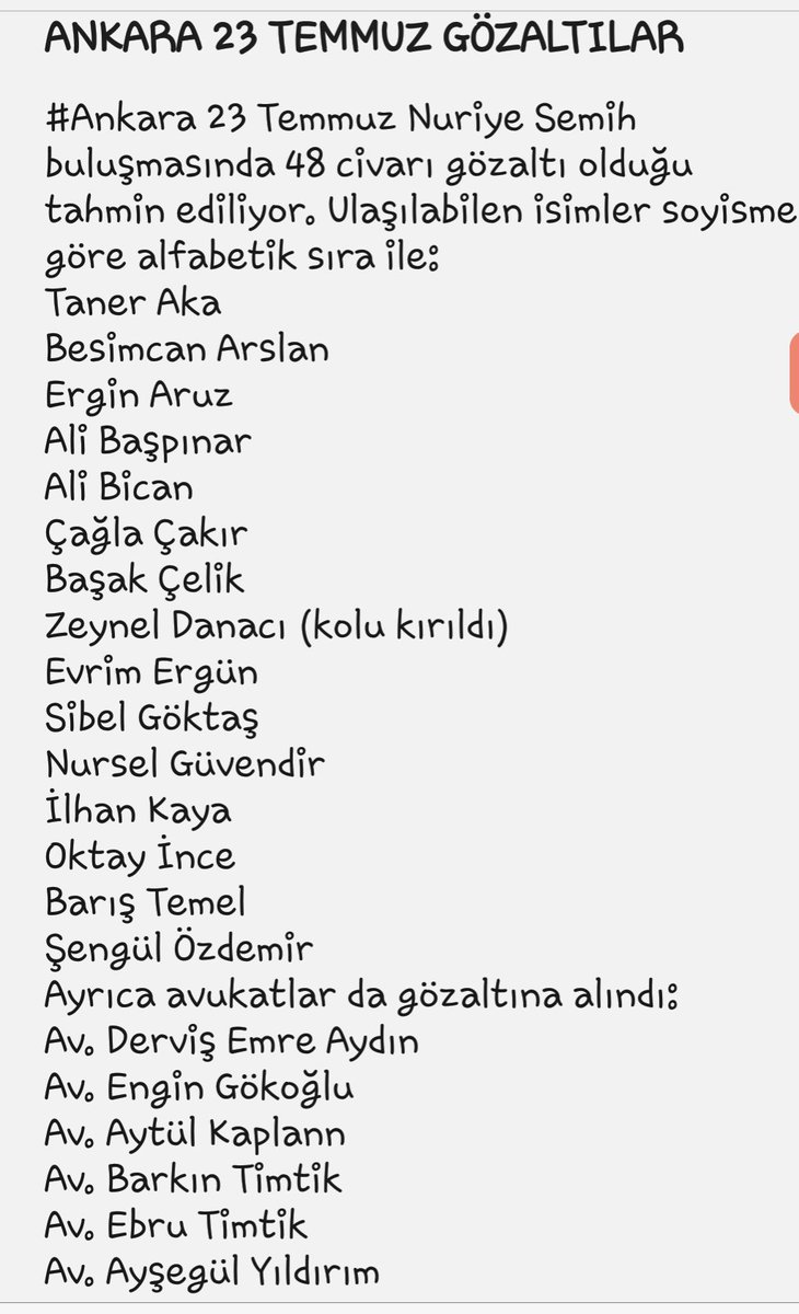 seyrisokak's tweet photo. #NuriyeSemihNuriyeSemih
Bugün #Ankara'da tahmini olarak 48 civarı kişi azgın polis saldırısı ile gözaltına alındı!
Ulasabildiğimiz isimler: https://t.co/1pil46sh8s