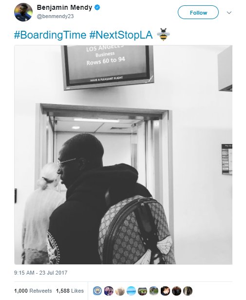 DeadlineDayLive's tweet image. Benjamin Mendy on Twitter: &quot;#BoardingTime #NextStopLA 🐝&quot;

(Source: @benmendy23)