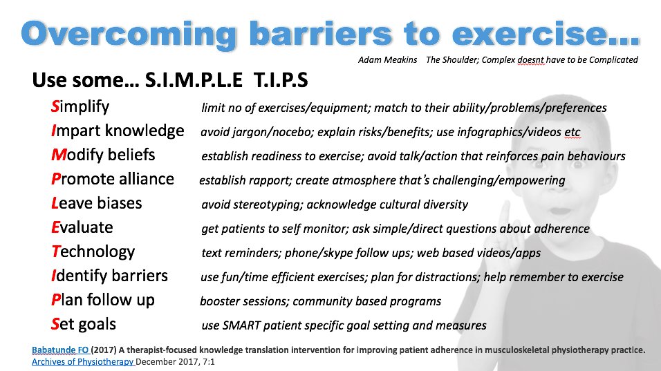 AdamMeakins's tweet photo. To overcome the barriers of exercise/rehab adherence use SIMPLE TIPS... #GoodRead https://t.co/33AJuwQCKq https://t.co/ODYQX74f6M