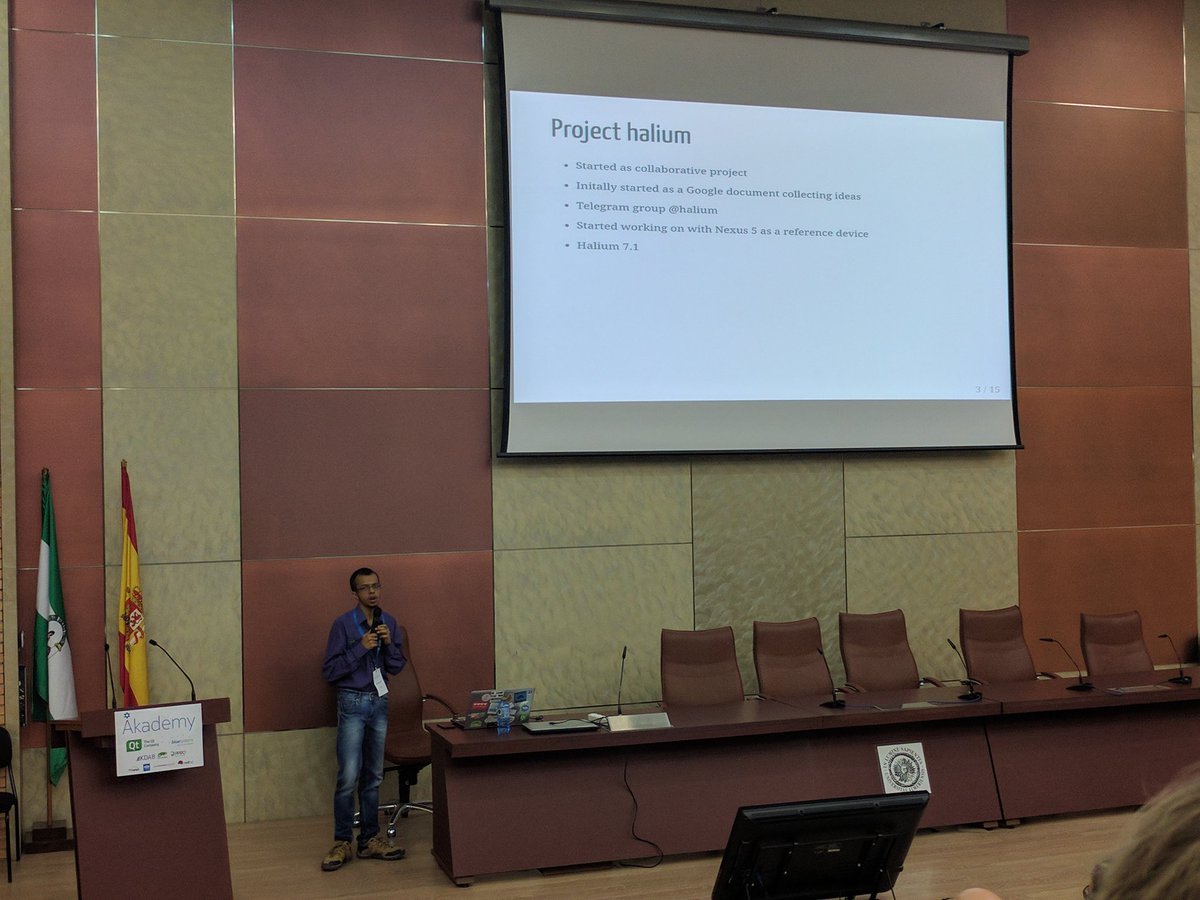 AleixPol's tweet photo. .@BhushanNShah tells us about the @HaliumProject and the @kdecommunity Plasma Phone #Akademy2017 https://t.co/s8qlSuUnKV