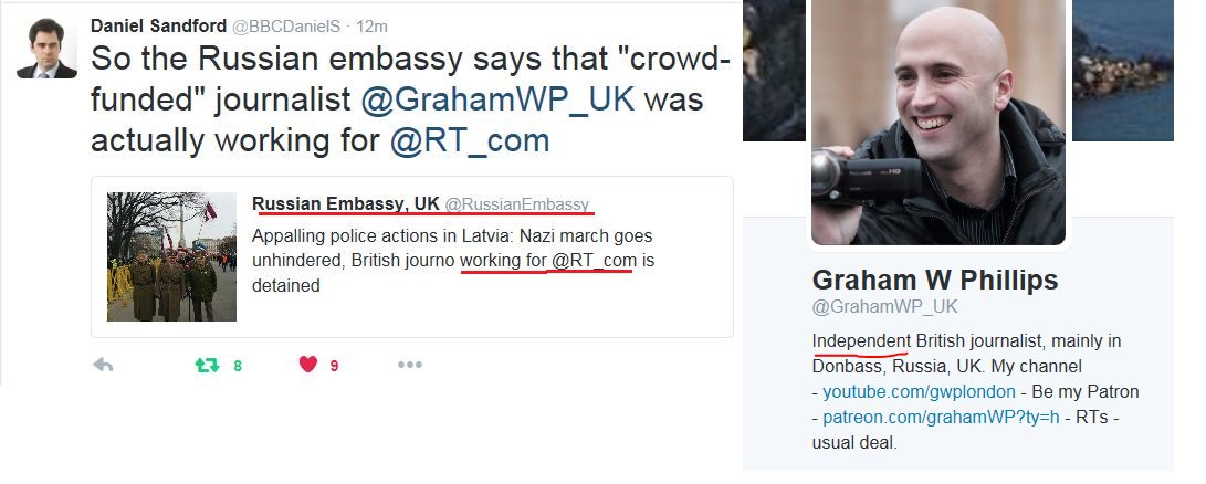 sterion75's tweet photo. If Graham Phillips is independent why did the #Russia|n embassy think he was working for #RT? #fiblips #BBC @GlasnostGone https://t.co/tX3wuE2JZV