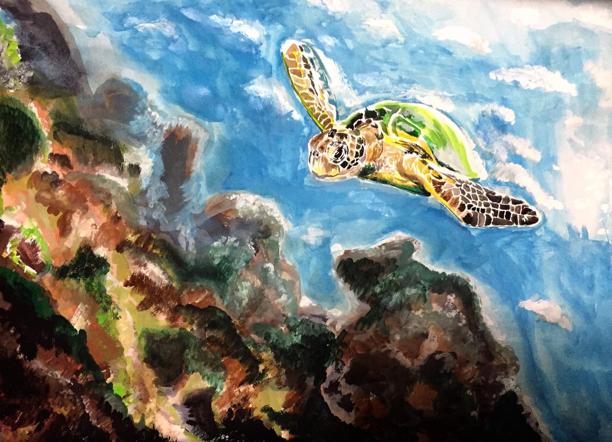 m1ruton's tweet photo. SEATURTLE IN THE SEA.    #seaturtle #sea #drawing #art #paint #海 #ウミガメ #바다거북 #바다 https://t.co/Cjt5V2d41L