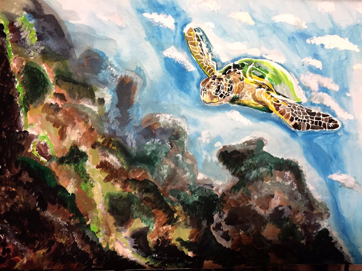 m1ruton's tweet photo. SEATURTLE IN THE SEA.    #seaturtle #sea #drawing #art #paint #海 #ウミガメ #바다거북 #바다 https://t.co/Cjt5V2d41L