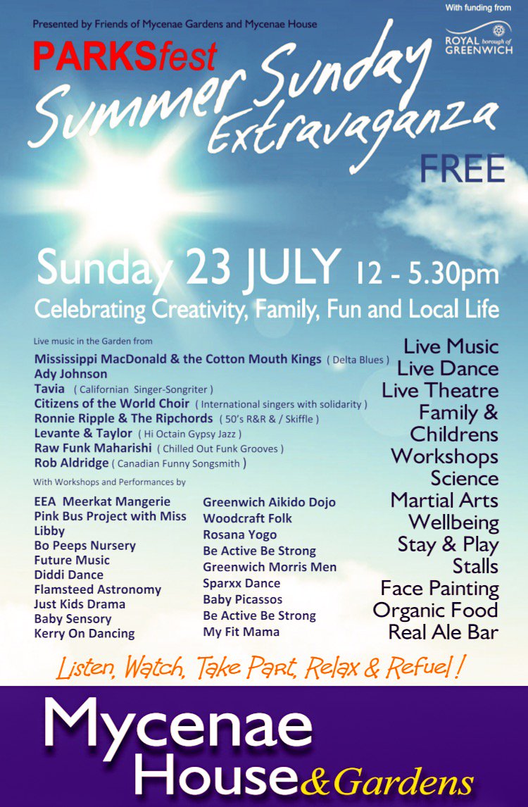 GreenwichVisitr's tweet photo. Perfect weather for today's FREE summer #ParksFest extravaganza @MycenaeHouse #WestcombePark #Blackheath
#Music #Dance #Food #Bar
From Noon https://t.co/HIze5Wvu6s