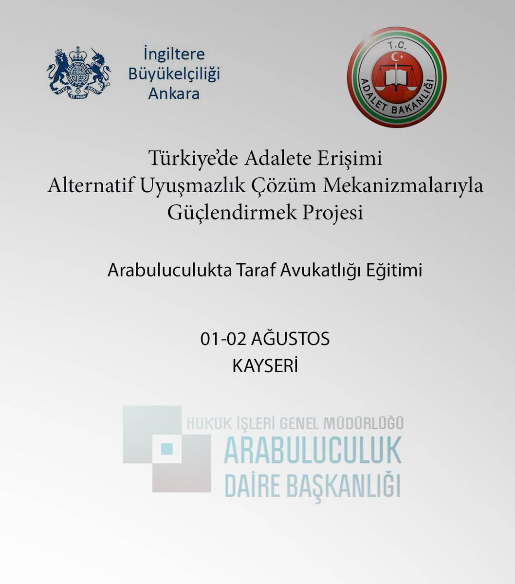 KONTENJAN SINIRLIDIR!!!
Arabuluculukta Taraf Avukatlığı Eğitimi.
01-02 Ağustos Kayseri 2017 
Başvuru Detayları...
adb.adalet.gov.tr/duyurular/2017…