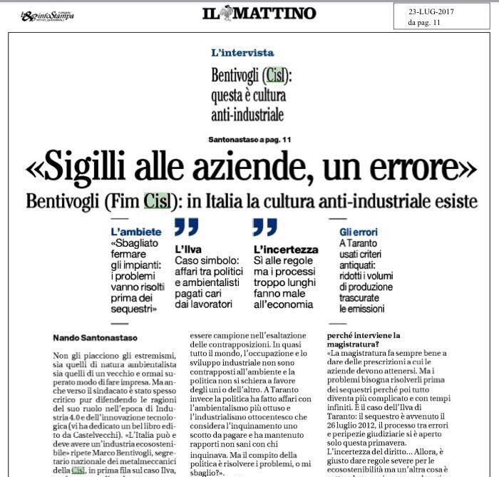 "Responsabilizzare le aziende con impianti in marcia, senza fermare la produzione, è la via migliore" #ilva <a href="/BentivogliMarco/">Marco Bentivogli</a>